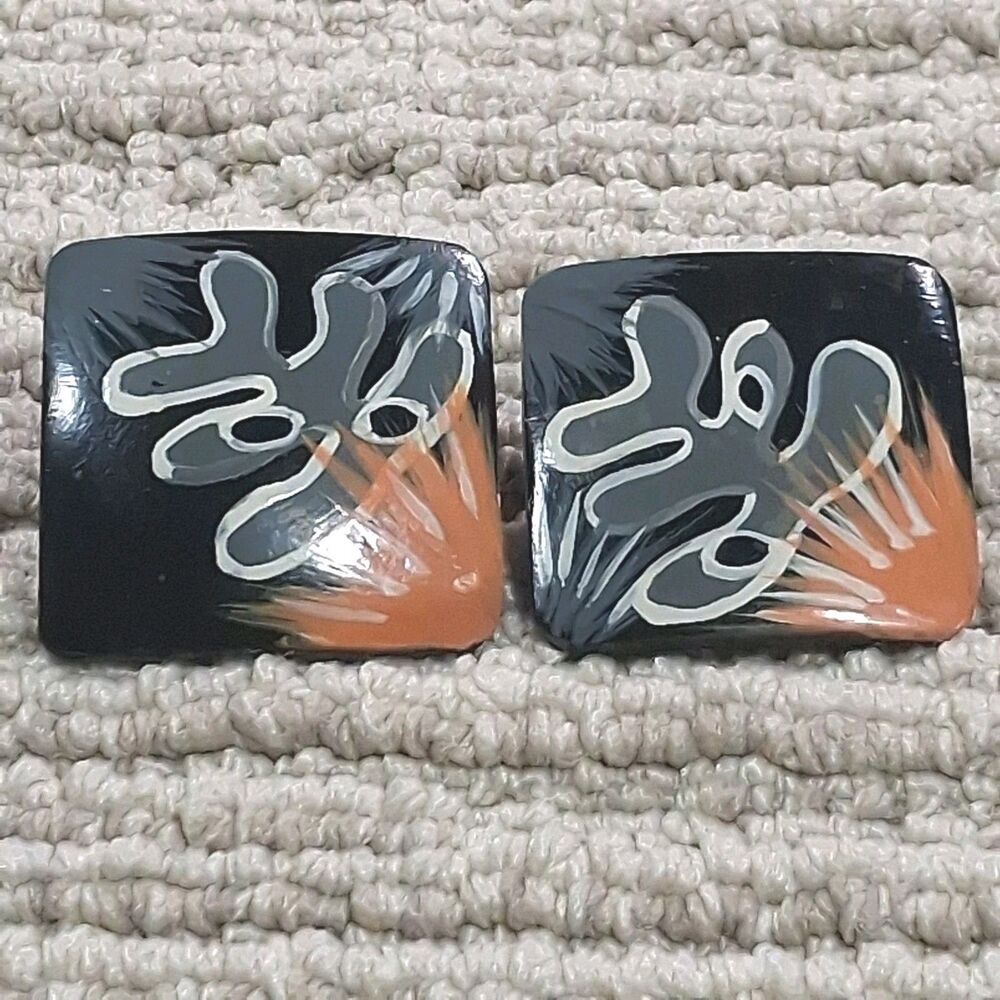 Vintage 80s Hand Painted Square Pierced Stud Earrings Black Abstract Art Women